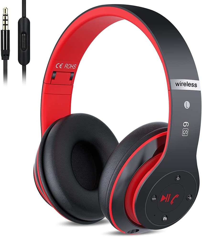 6S Wireless Bluetooth Headphones Over Ear, Hi-Fi Stereo Foldable Wireless Stereo Headsets Earbuds with Built-in Mic, Volume Control, FM for iPhone/Samsung/iPad/PC (Black & Red)
