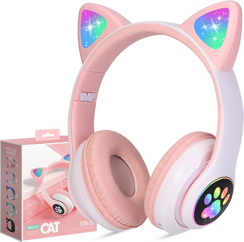 Kids Wireless Headphones TCJJ Cat Ear LED Light Up Bluetooth Foldable Headphones Over Ear w/Microphone for Online Distant Learning (Pink)
