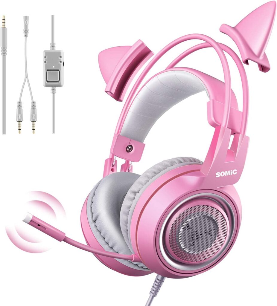 SOMIC G951s Pink Stereo Gaming Headset with Mic for PS4,Xbox,PC,Mobile Phone,3.5mm Noise Reduction Cat Ear Headphones Lightweight Over Ear Headphones
