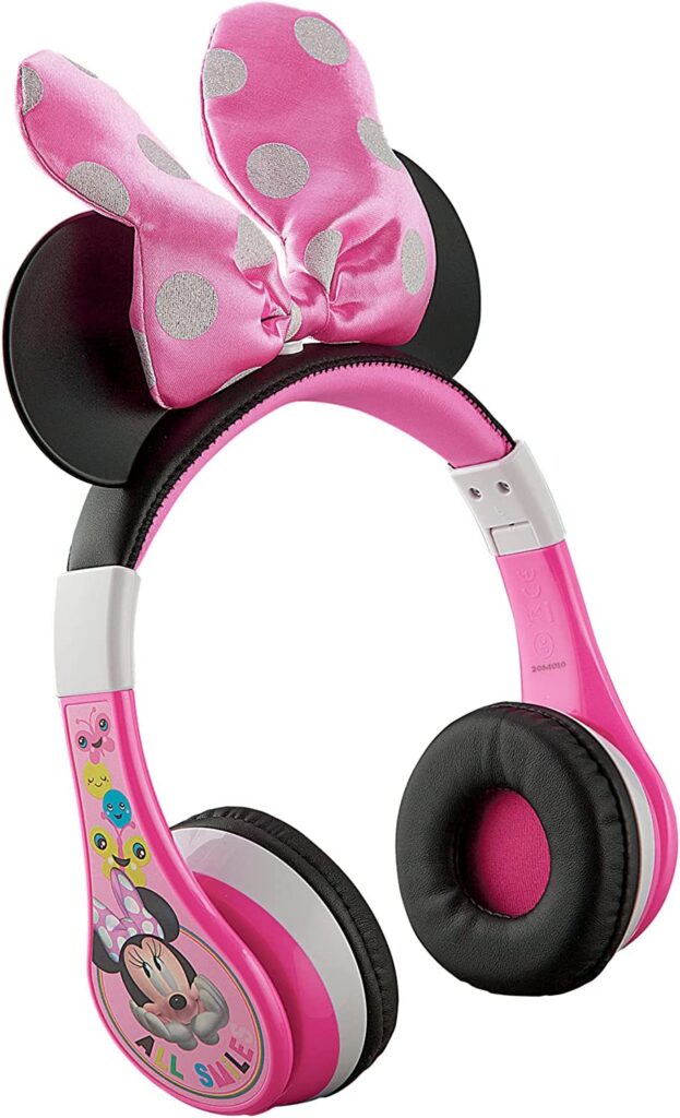 eKids Minnie Mouse Kids Bluetooth Headphones, Wireless Headphones with Microphone Includes Aux Cord, Volume Reduced Kids Foldable Headphones for School, Home, or Travel, Pink
