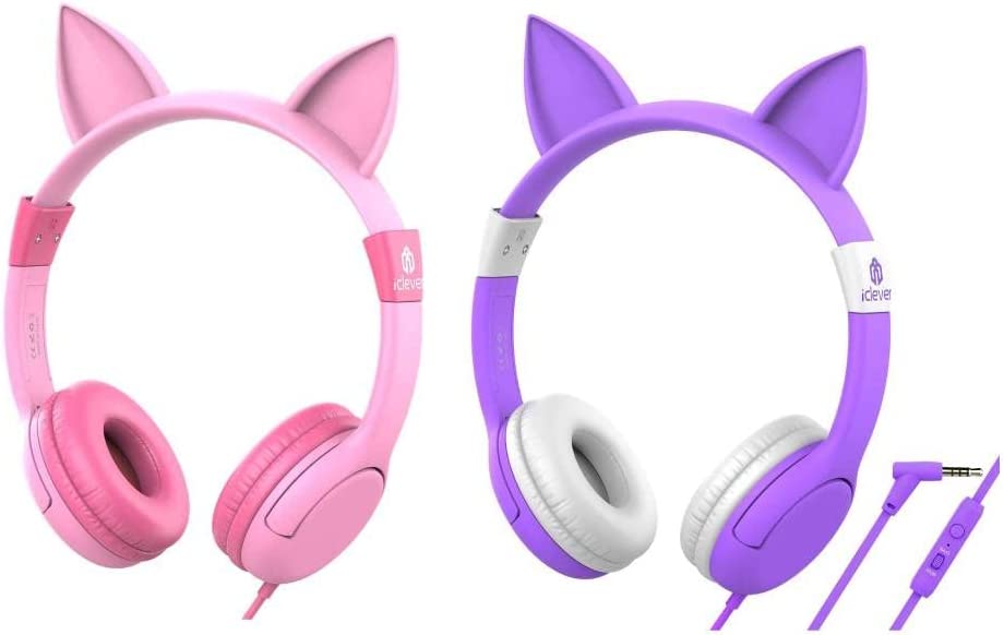 iClever HS01 Kids Headphones Pink & Purple Bundles-Food Grade Safe Volume Limited 85/94dB, Cat Ear Headphones for Kids Girls Boys, Wired Children Headphones for Online Learning/School/Travel/Tablet
