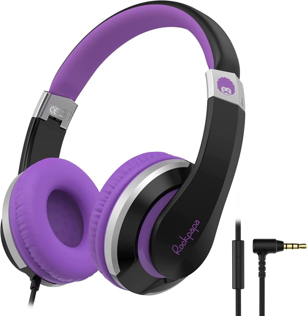 rockpapa I20 Foldable Kids Headphones with Microphone for School, Wired On-Ear Boys Girls Childrens Students Headphones Plug in for Tavel Laptop Computer PC Tablet CD DVD TV Black Purple
