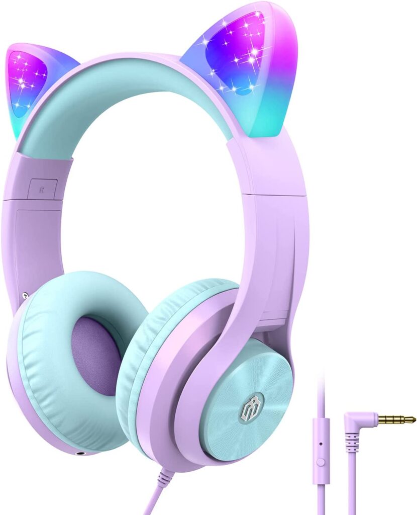 Cat Ear Led Light Up Kids Headphones with Microphone, iClever HS20 Wired Headphones -Shareport- 94dB Volume Limited, Foldable Over-Ear Headphones for Kids/School/iPad/Kids Tablet/Travel (light Purple)
