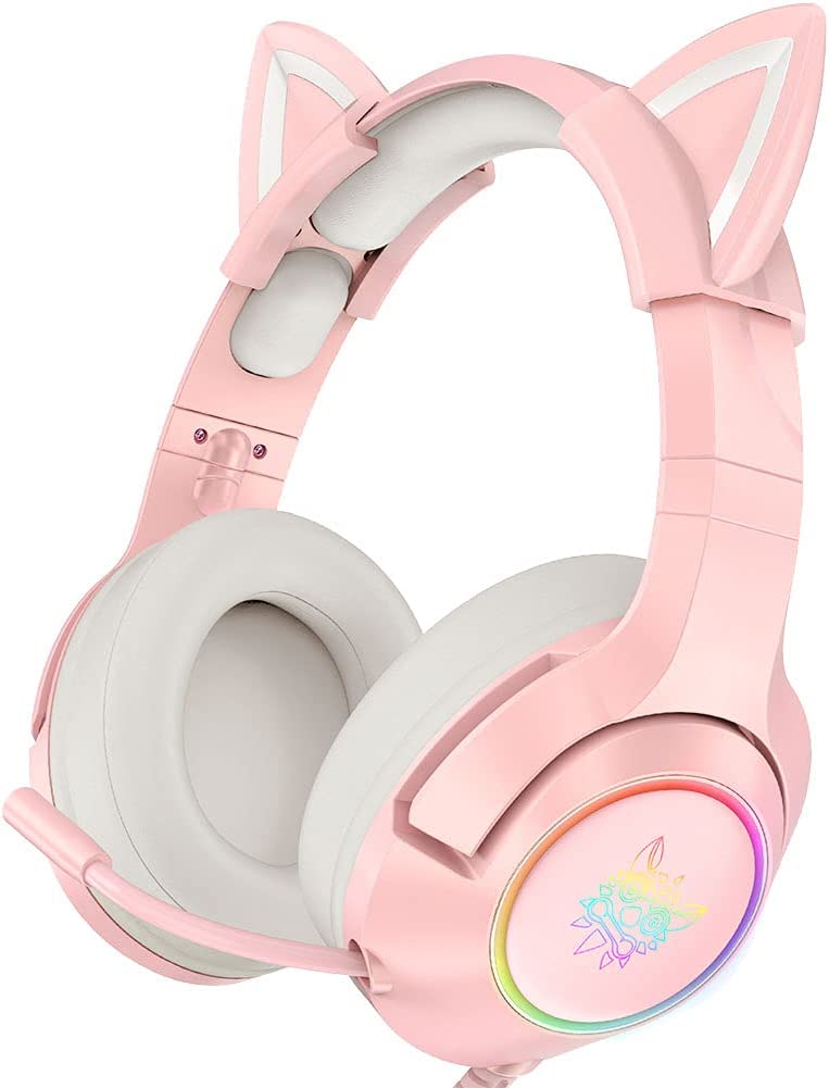 KASIQI Pink Gaming Headset, Cute Cat Ear Headphones Girls Headset Gamer for Laptop RGB LED Lights Earphones with Microphone
