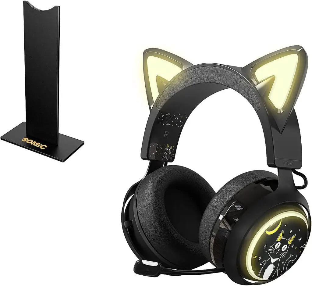 SOMIC 2.4GHz Wireless Cat Ear Headset with Black Headphone Stand, Gaming Headset with Retractable Mic Noise Cancelling, 7.1 Stereo Sound,RGB Lights for for PS5/ PS4/ PC