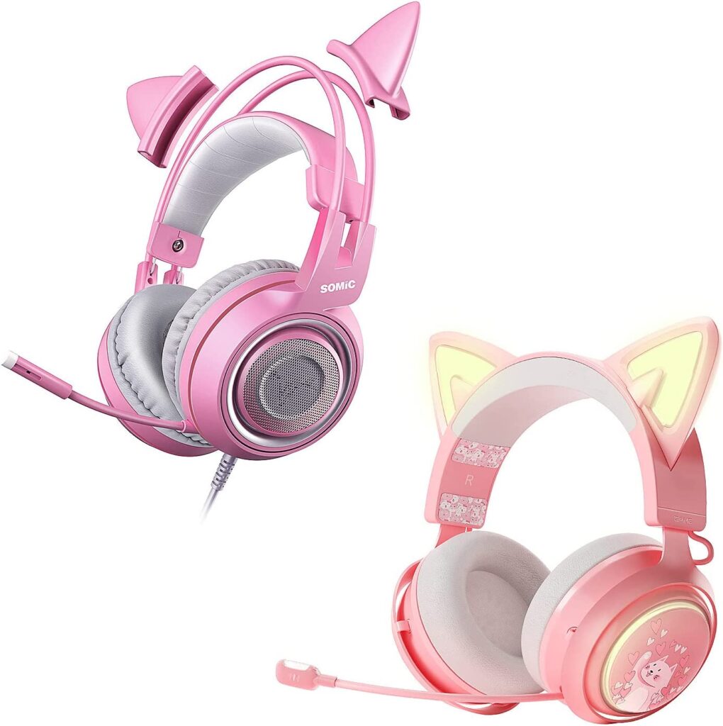 SOMIC 2Pack Cat Ear Headphones, G951S Pink Gaming Headset with Detachable Cat Ear and GS510 2.4GHz Wireless Cat Headset with RGB Lights for PC, PS4, PS5, Loptop
