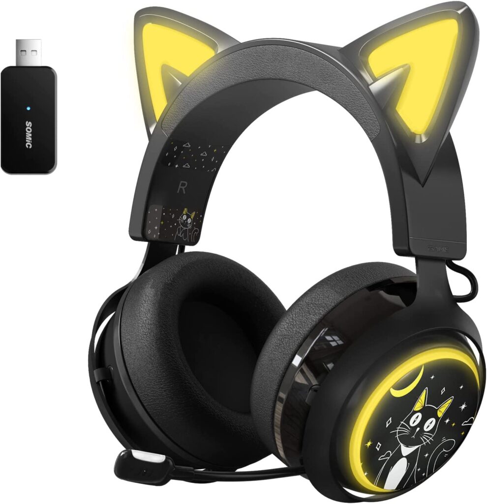 SOMIC GS510 Cat Ear Headset Wireless Gaming Headphones for PS5/ PS4/ PC, Cute Headset 2.4G with Retractable Mic, 7.1 Stereo Sound, 8Hrs Playtime, RGB Lighting (Xbox Only Work in Wired Mode)
